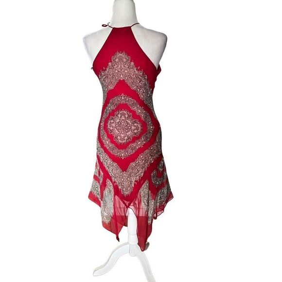 BCBGMAXAZRIA Women's Boho Halter Neckline Mini Dress Red Size 6P - Picture 2 of 6
